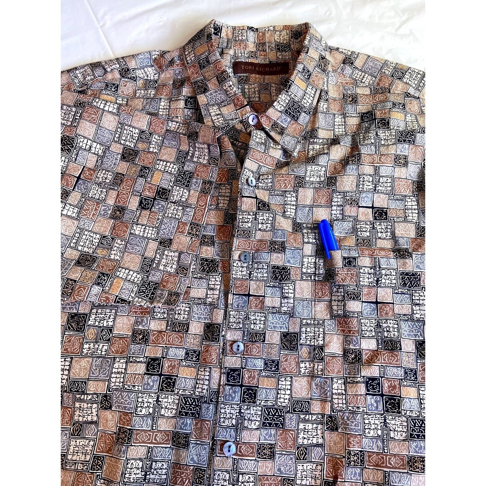 Tori‎ Richard Mens Geometric Tribal Tile Print Short Sleeve Button Up Shirt Tan